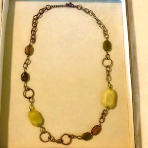 Chunky Stone Bead Necklace, Brass, Green and Brown, 30 inches